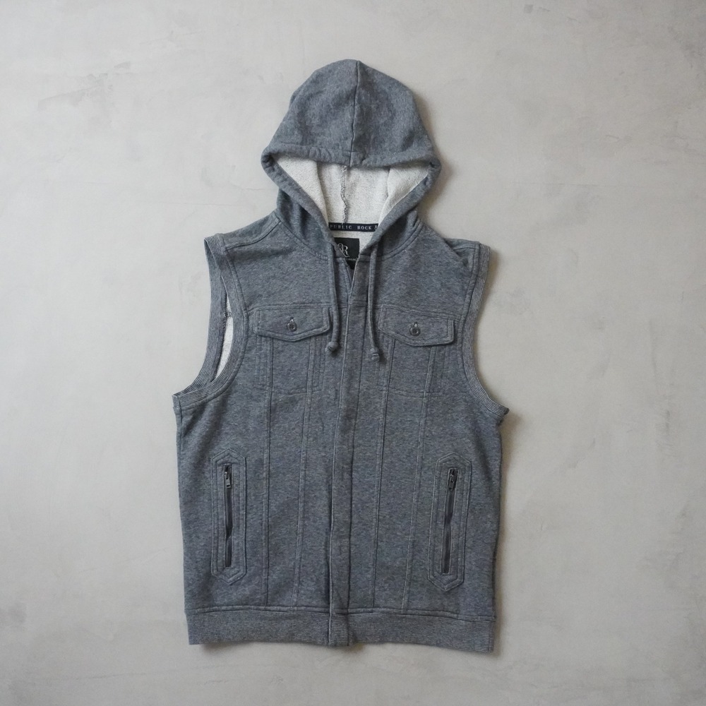 Rock & Republic Sleeveless Hoodie Vest Medium Gray Full Zip Sweatshirt